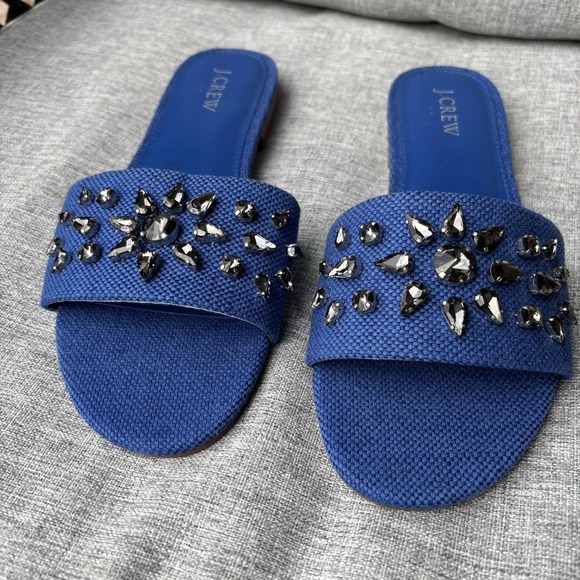 J. Crew Factory Sz 8 Jewel Slide Sandals Crystals‎  Blue Canvas - Picture 2 of 12